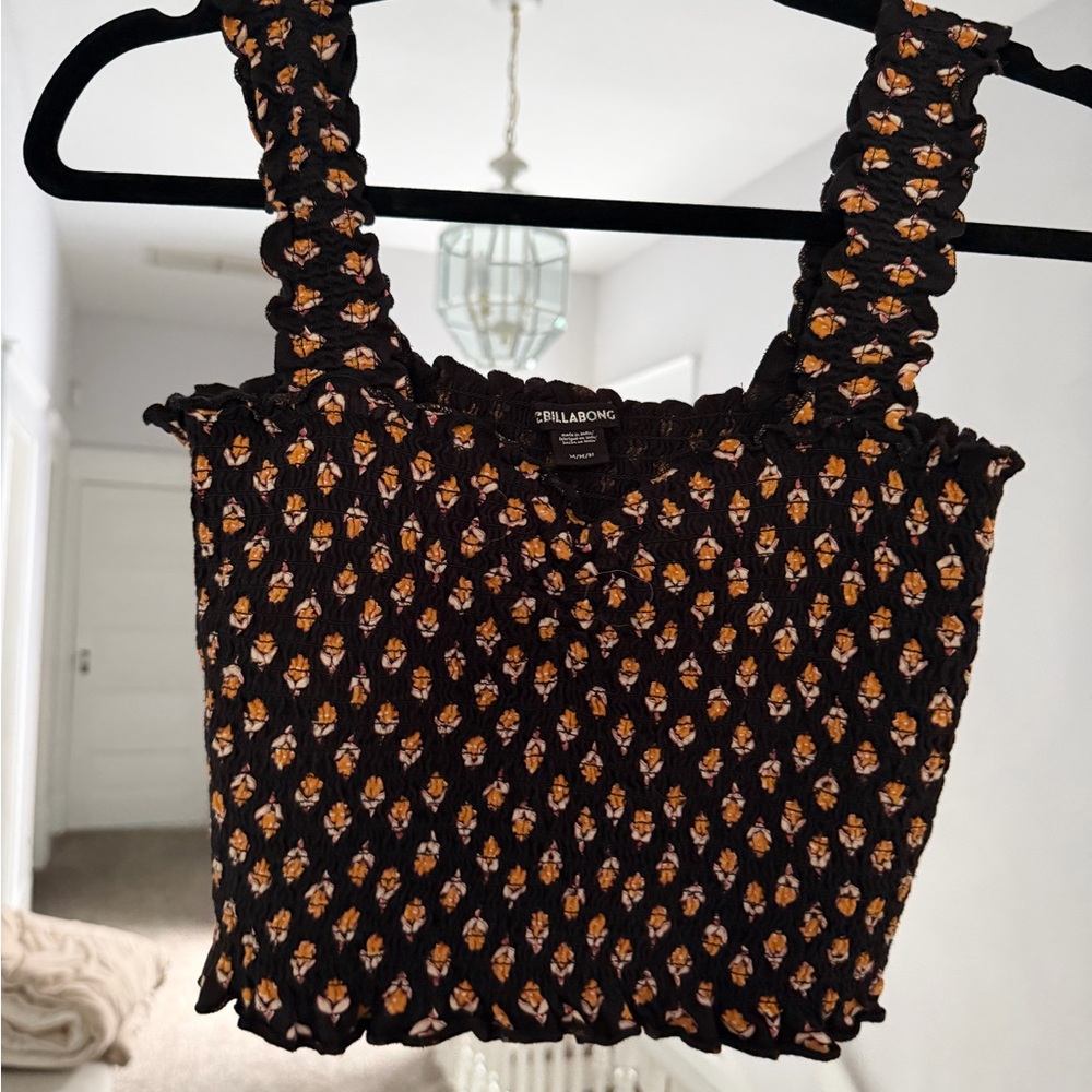 Billabong Women's Black and Yellow Smocked Crop Top
